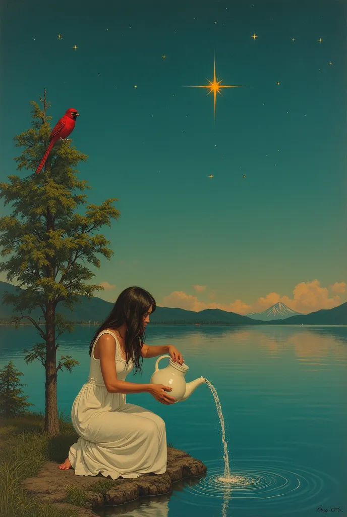 painting in the (((style of maxfield parrish))). at evening, woman kneels at the shore of a pond. she pours water from a pitcher...