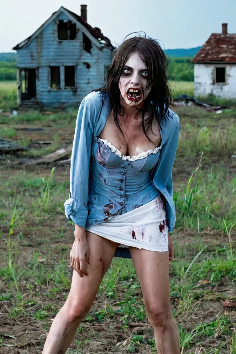 there's a sexy zombie  , with sharp teeth ,     girl with small, saggy breasts,         open field with ruined houses in the bac...