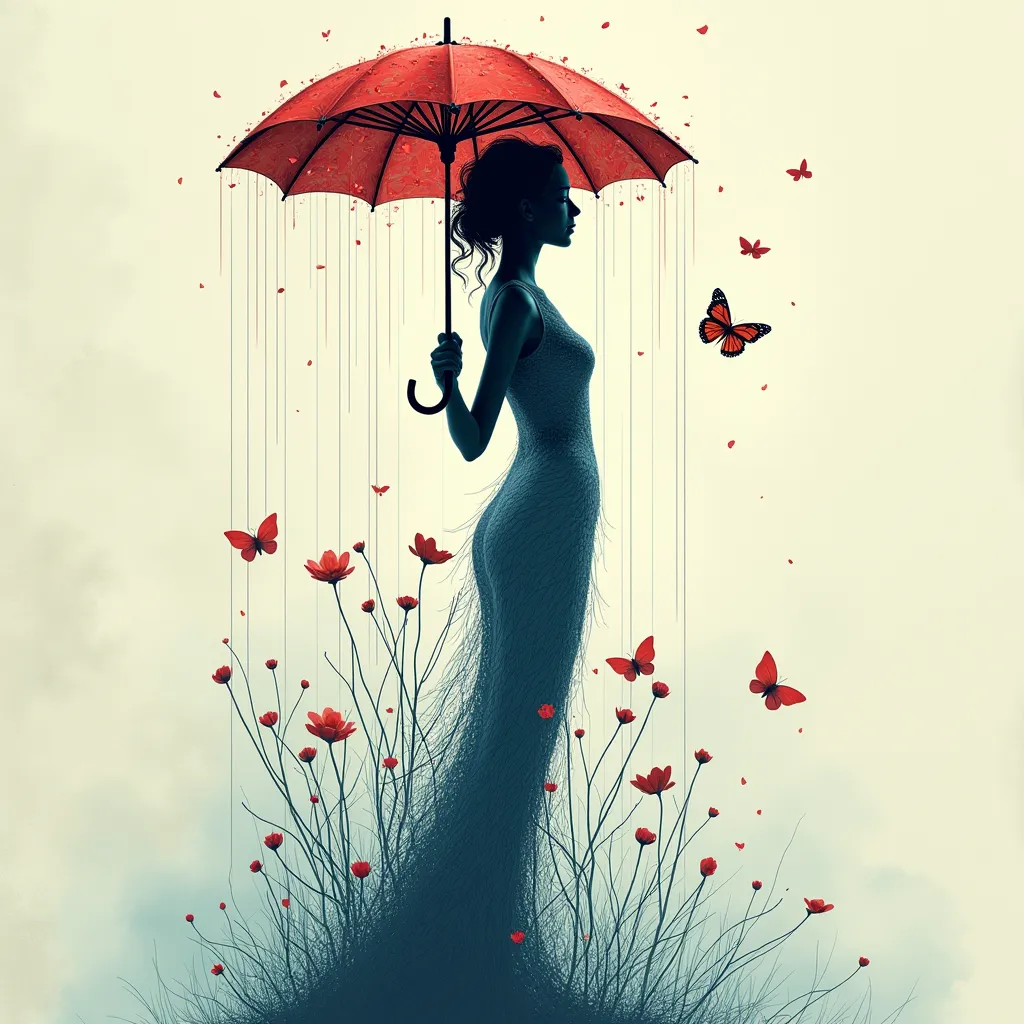 "a surreal, intricate profile silhouette of a woman holding an umbrella in a gentle rain. the woman’s body is composed of detail...