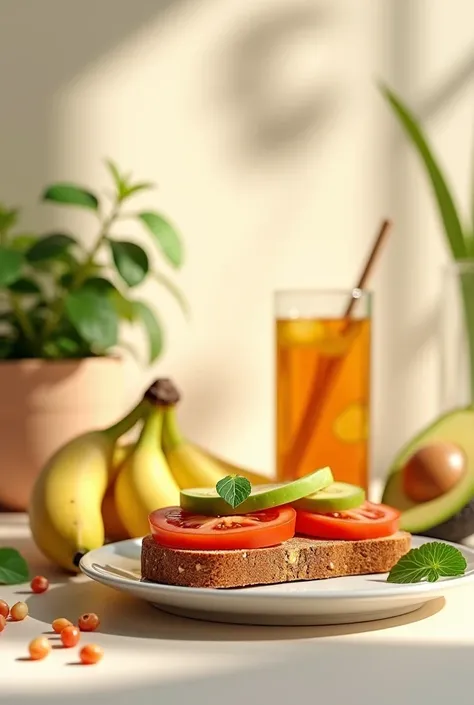 :  whole wheat bread with tomato and avocado , a banana, and an infusion
