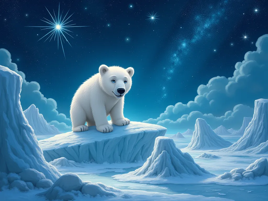 dinner captures eco, the polar bear, in his magical arctic kingdom, with a lively and vibrant style. the starry sky reflects the...