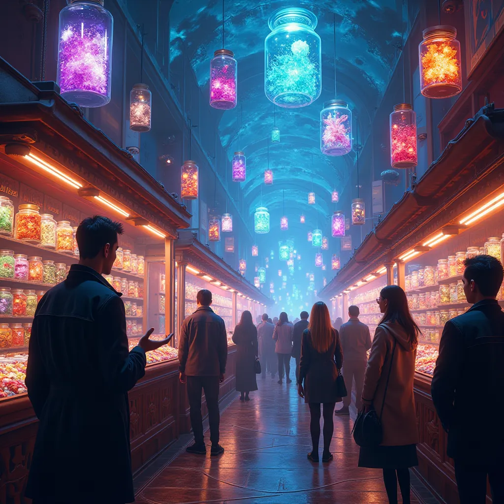 a futuristic bazaar selling emotions bottled in jars, with vendors shouting prices while holographic projections of joy, sorrow,...