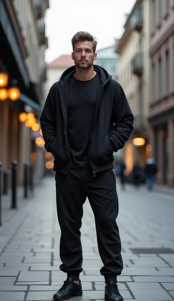 "a stylish man wearing a black sports tracksuit with a zip-up hoodie and matching jogger pants. the hoodie is fully unzipped, re...