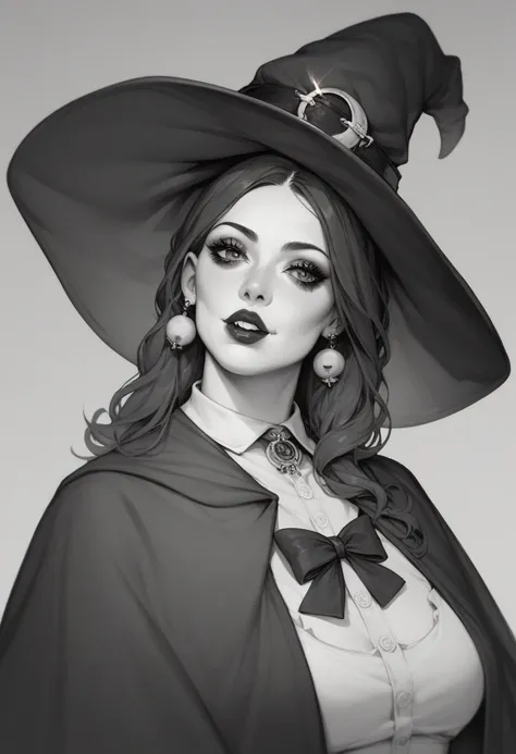 A witch in black and white with horror style that doesn't show her eyes