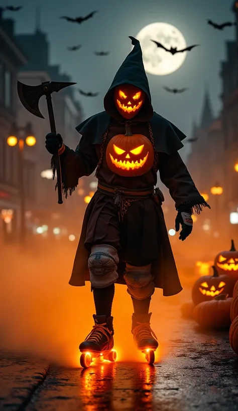 pumpkin,  using inline skates with glowing luminous wheels, gloves and knee pads , wearing black and orange medieval clothing, a...