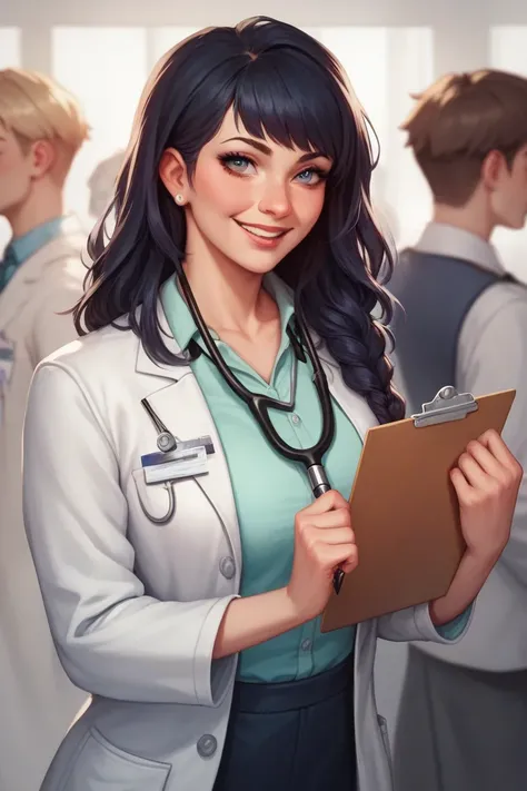 A young female doctor with shoulder-length dark hair, facing directly forward. She wears a white lab coat over a light green blo...