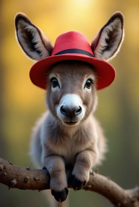 there is a small donkey wearing a red hat on a branch, a picture by Dietmar Damerau, shutterstock contest winner, digital art, a...