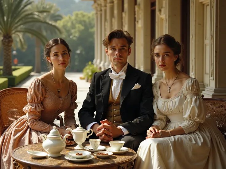 Very realistic vintage photo of a young Dutch nobleman during the colonial period, with his two wives sitting on the terrace enj...