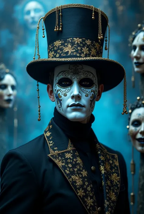 A male, a white mask with gold and blue patterns, tall, slightly pumped up, a black hat with long brims on which gold threads wi...