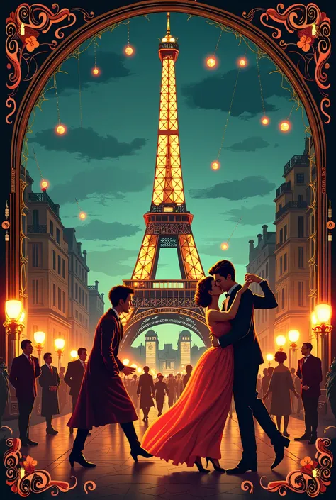 Poster with eiffel tower and dancing people with tile
(Bal karnawałowy "Noc w Paryzu")