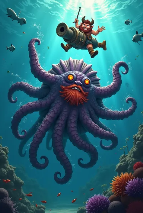 A dwarf with a red beard and a demon boy who swim underwater and drop a cannon on a kraken that is attacking them with their fee...