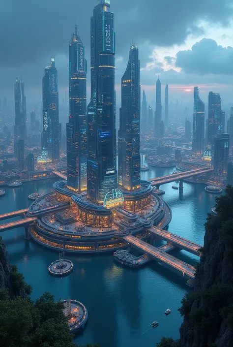 a futuristic city artificial islands at night what it would look like