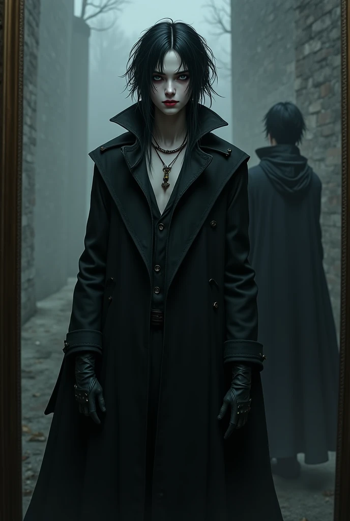 "An androgynous character , with pale skin and deep eyes , long, dark hair with misaligned locks . wearing a long, dark cape ...