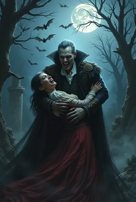 I want a medieval Carmilla-style vampire, Biting a young medieval girl while bats fly over the night