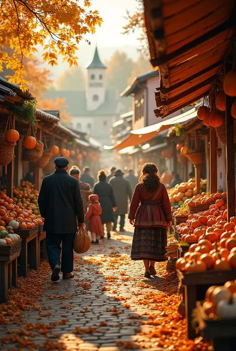 Capture the essence of a vibrant autumn harvest festival in a small European village, with locals dressed in traditional attire,...