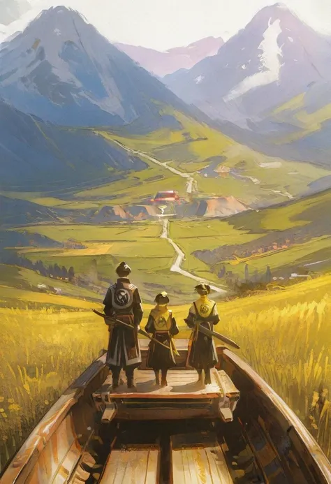 landscape, beautiful landscape, two person male and female on wooden simple boat from at the yellow river, It was yellow in colo...