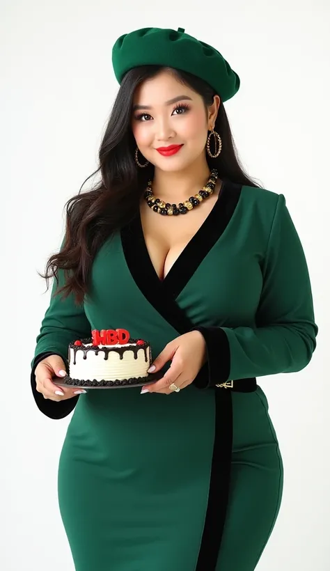 A chubby curvy Korean woman wearing a stylish emerland green beret and a emerland green elegant dress with black trim, accessori...