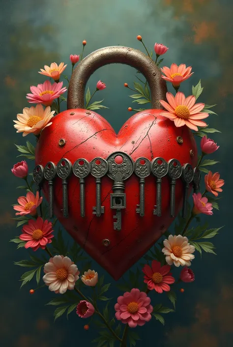 Heart with 7 keys in the shape of a padlock with several flowers on the side.
