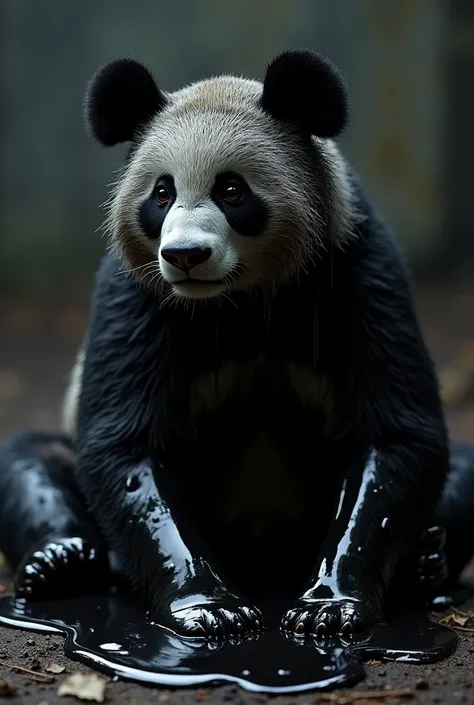 A highly realistic panda created from dark, black liquid essence, with the essence visibly flowing and dripping off its body. Th...