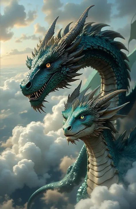 The picture shows two fantastic, incredibly picturesque dragons, brother and sister, soaring majestically in the clouds. their b...