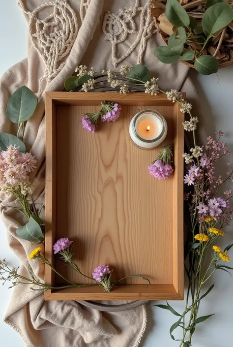 rustic wooden tray, surrounded by dried flowers, a macramé cloth, and a scented candle in a glass jar. A dreamcatcher hangs soft...