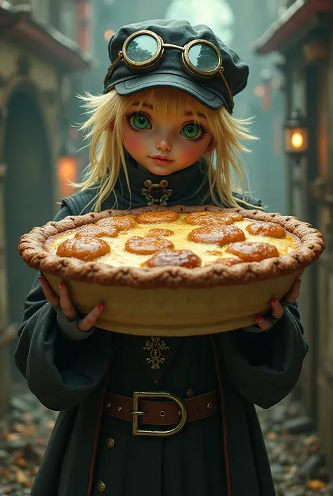 ( blonde Green Eyes black cap and goggles Clothes that cover the neck big pie Tall Chest belt fantasy