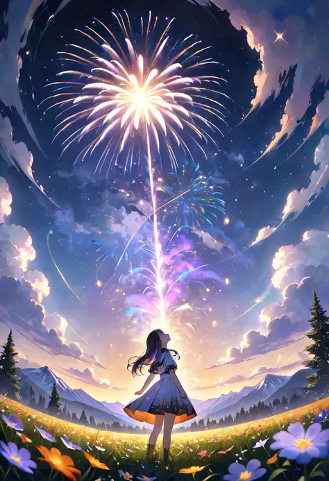 Expansive Landscape Photos ,( View from Below 、I can see the sky and the wilderness below.), Pretty girl standing in a field of...