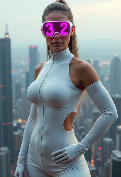 35 year old female with a digital vizor with the number 32 written in neon pink in the digital display. She is wearing white a w...