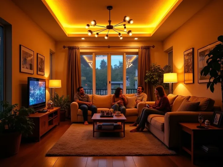 Living room illuminated with LED bulbs strong lighting