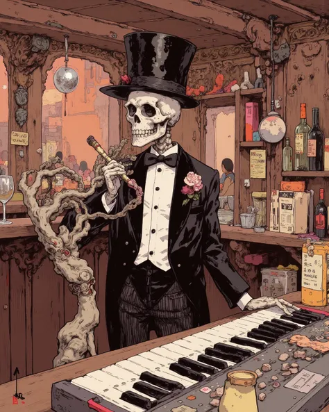  There is a picture of a cartoon character of a man with a skeleton dancing in a bar , Cute cartoon,Skeleton Man in a silk hat a...