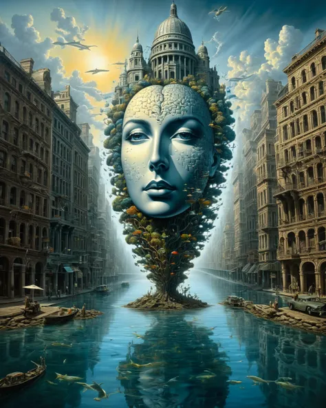 Surrealism George Grie, stunning painting by the famous surrealist artist George Grie, with double exposure effect, building roo...