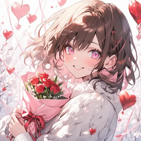 alone, medium hair , thick brown hair, Pink highlights on the tips,woman, light pink eyes ,smile, valentine's day,White knit
