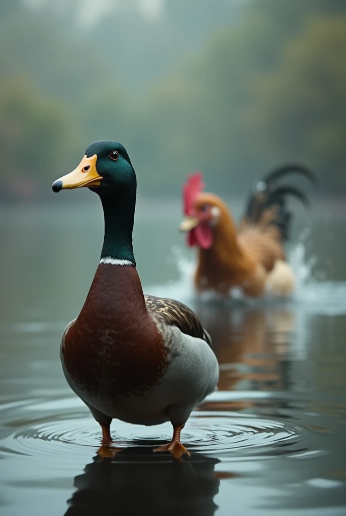 Remake the image with the duck in the front and the chicken in the back. The chicken is sinking and drowning 