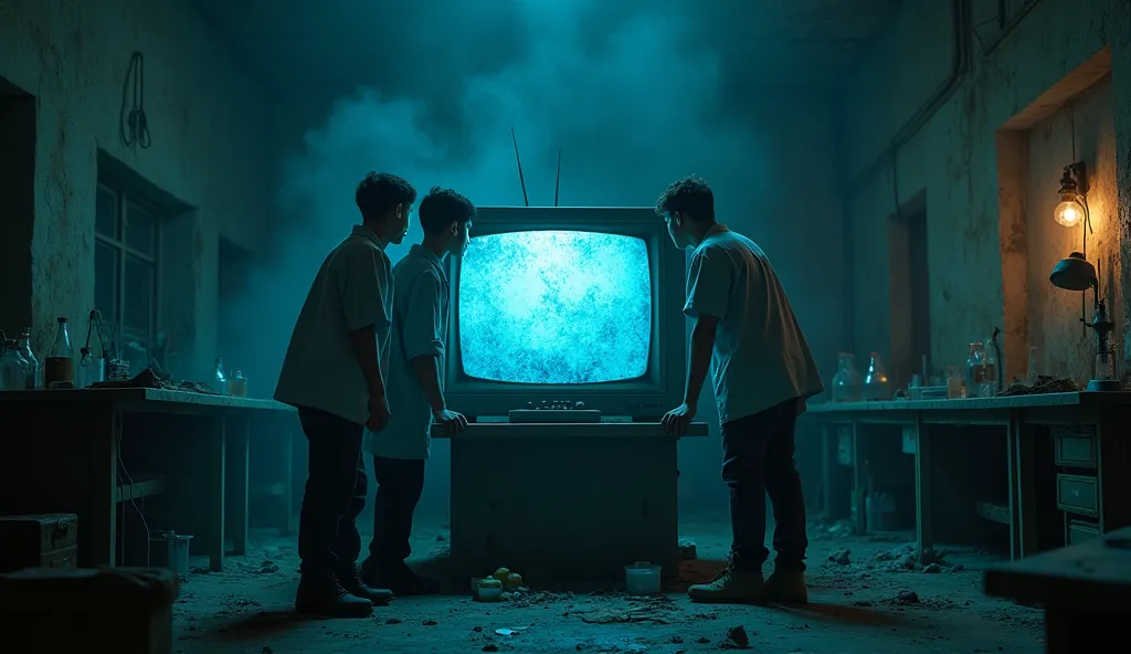 3 young s press a button on blue screen tv covered with lot of dust in a abandoned laboratory