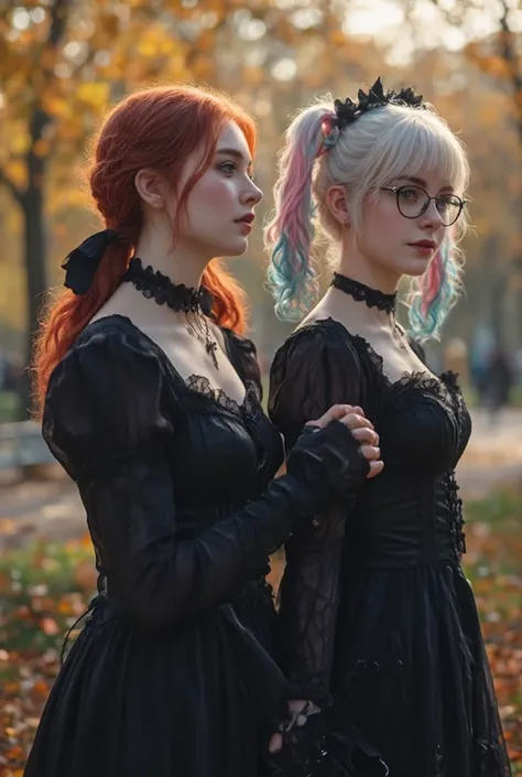 Hyper-realistic photography, side view, a day out with a goth girlfriend, she has short white hair with pink and blue pigtails, ...
