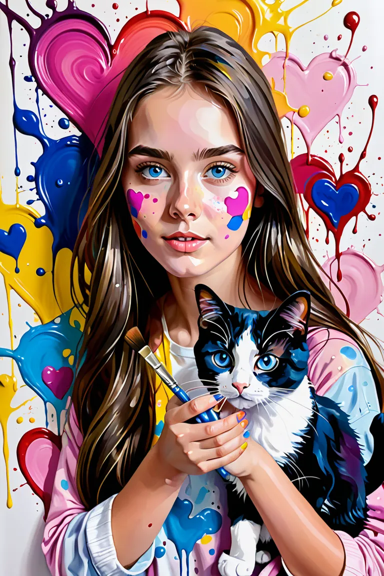 20 year old girl with long ones, thick brown hair.
 She has expressive blue eyes ,  and there are colorful spots of paint on the...