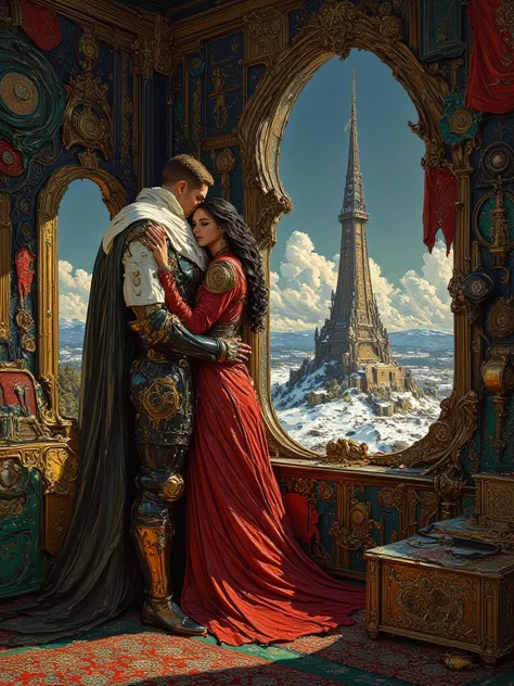 Couple man and woman on hug at a room, window shows out a stunning landscape, intimacy, love, sci-fi templars, objects and artif...
