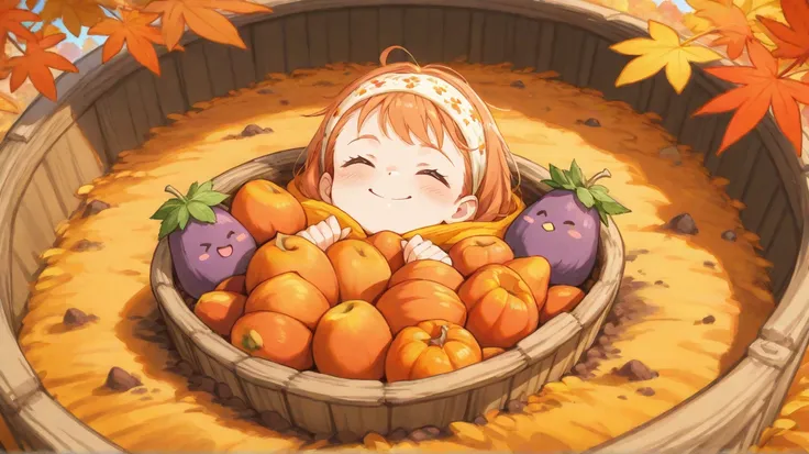 anime style, cute girls, digging up sweet potatoes, smiling, happy, farm, sunny day, autumn, harvest season, cheerful, colorful,...