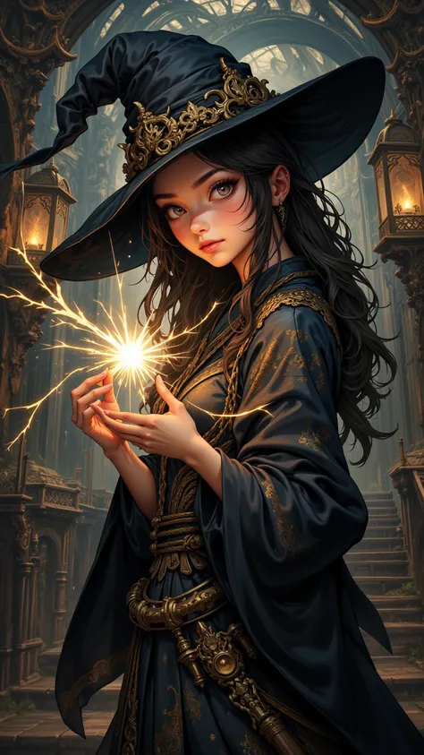 A complex work , depicting a charming European Instagram model playing a charming witch, with exquisite detail and high quality ...
