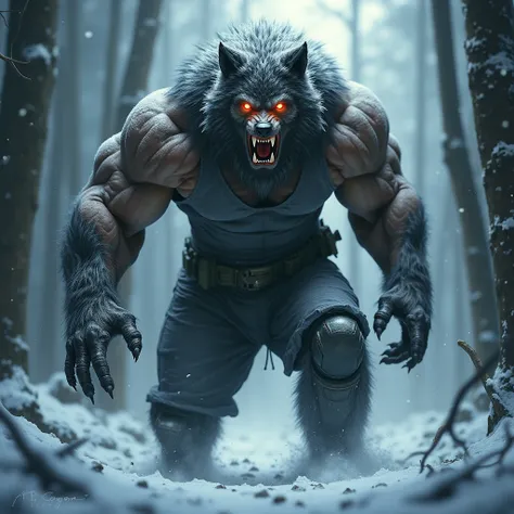 Big muscle male military werewolf transforming big pecs big biceps big ass big legs winter forest tight shirt tight pants