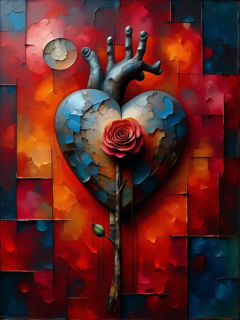 Stunning, big heart with a rose, strange painting, Raphael-style 3D image, sharp focus, romantic realism, surrealism, to create ...