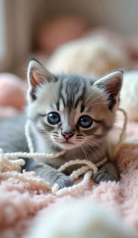 A newborn, tiny, fluffy gray kitten with large, deep, blackish Kitten Blue eyes is tangled in a messy web of yarn from a wool ba...