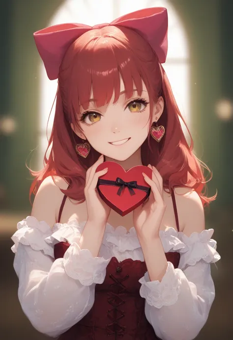 masterpiece, best quality, amazing quality, at Valentine Day, gesture of giving a present, a girl, shy, smiling, looking at view...