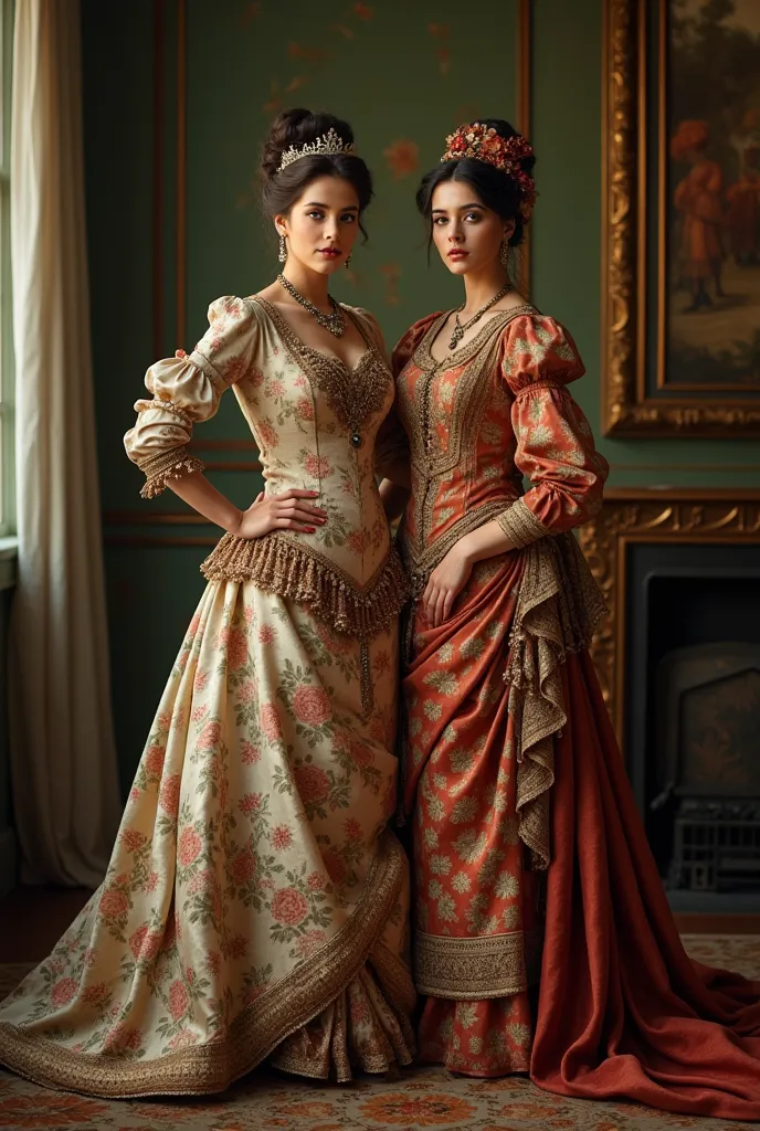 one women in traditional clothing posing for a picture, wearing ornate silk clothes, both wearing victorian clothes, in style 19...