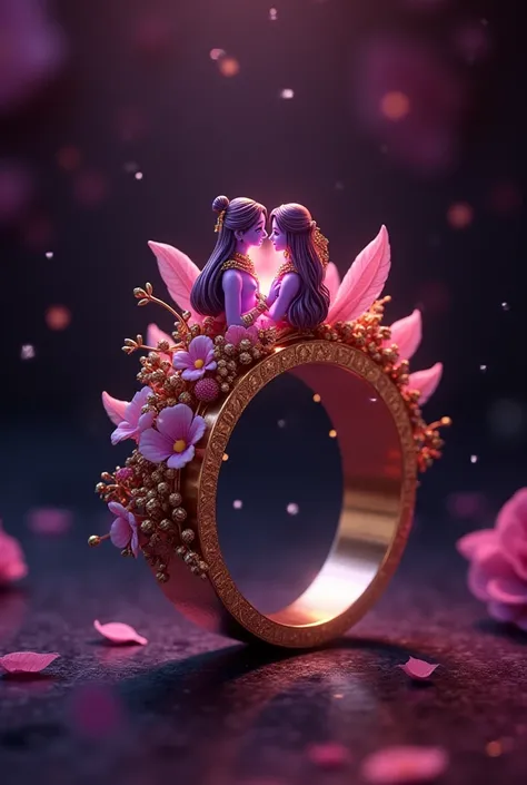 Purple and pink and black cute customized animation ring with flowers and feathers heart photo love radha krishan couple p...