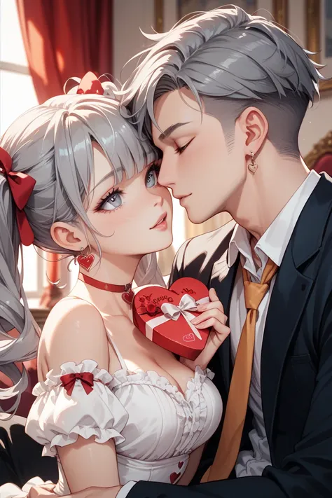 Valentine's day couple gray hair wolf cut gray hair twin tails