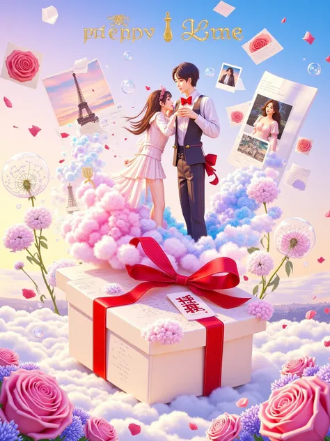 Transparent watercolor texture,White space artistic processing。Q version couple sitting on a letter written by a feather pen,Gir...