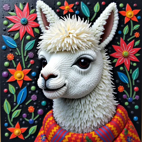 Help me create “A colorful mosaic artwork of a white Andean baby llama with Bolivian chulo woven in alpaca wool, , in which smal...