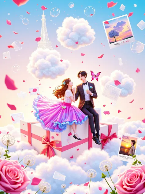 Transparent watercolor texture,White space artistic processing。Q version couple sitting on a letter written by a feather pen,Gir...