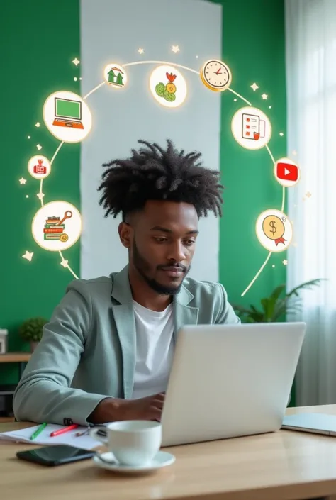 A modern digital workspace with a Nigerian theme, showing a young Nigerian freelancer working on a laptop in a bright and organi...